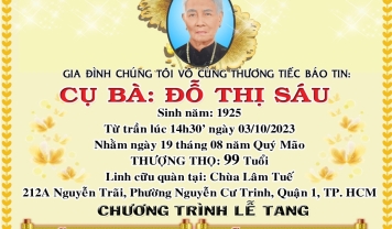 TU VIỆN KIM CANG - HỘI TƯƠNG TẾ THÀNH KÍNH PHÂN ƯU CÙNG GIA ĐÌNH. HƯƠNG LINH BÀ: ĐỖ THỊ SÁU