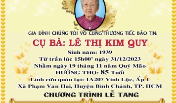 TU VIỆN KIM CANG - HỘI TƯƠNG TẾ THÀNH KÍNH PHÂN ƯU CÙNG GIA ĐÌNH, HƯƠNG LINH: LÊ THỊ KIM QUY