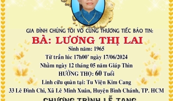 TU VIỆN KIM CANG - HỘI TƯƠNG TẾ THÀNH KÍNH PHÂN ƯU CÙNG GIA ĐÌNH, HƯƠNG LINH: LƯƠNG THỊ LAI