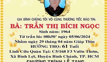 TU VIỆN KIM CANG - HỘI TƯƠNG TẾ THÀNH KÍNH PHÂN ƯU CÙNG GIA ĐÌNH HƯƠNG LINH: TRẦN THỊ BÍCH NGỌC